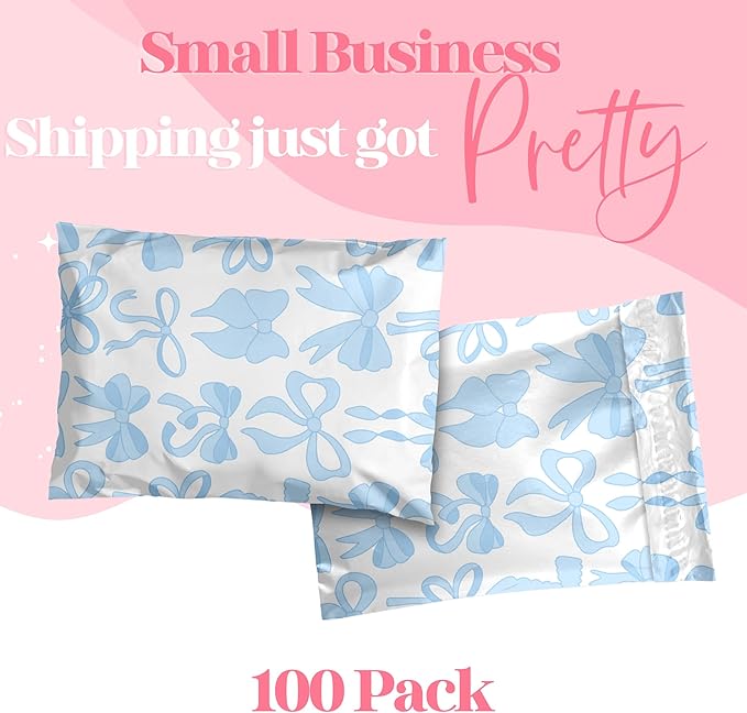10x13 Designer Poly Mailer 100 Pack Heavy Duty Waterproof Self Seal Shipping Bags for Small Business Large Mailing Envelopes Bulk Tear Resistant Packaging Blue Bows