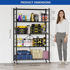 ALANNG 40" W Foldable 5-Tier Storage Shelves with Wheels, Adjustable & Removable Metal Rack, Heavy Duty Rolling Organizer for Kitchen, Garage, Closet, Pantry, and Office (Black,4 Pack)
