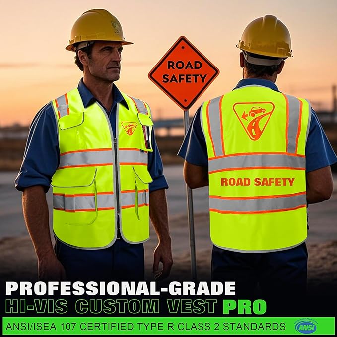 BeautyWill Custom Logo Safety Vest 8 Pockets Class2 ANSI Certified High Visibility Reflective Vest for Men - Personalized Logo Heavy-Duty Work Vest（Yellow，3XL）