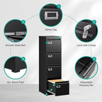 SISESOL 4 Drawer File Cabinet with Lock and Tag,Black Vertical File Cabinet,Narrow Locking Filing Cabinets with Drawers,Metal Filing Storage for Home Office Fit A4 Legal/Letter Size
