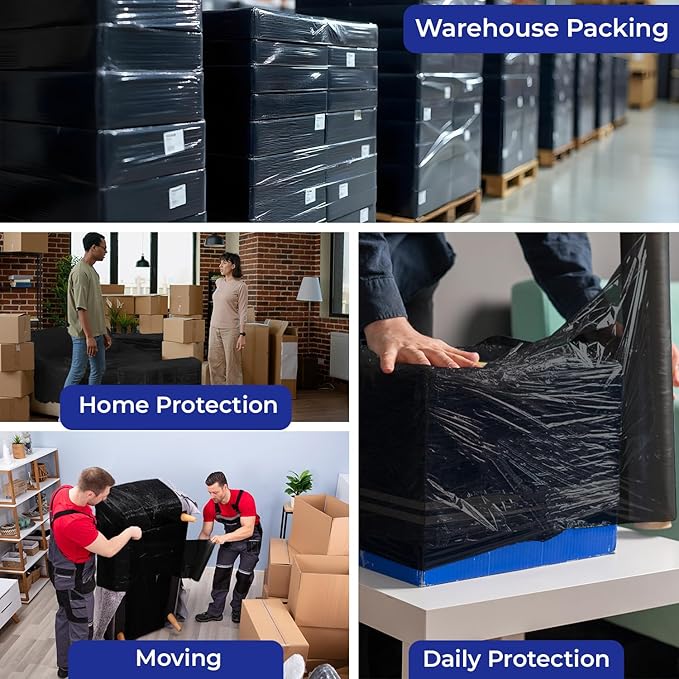 Rosmonde Bulk Plastic Wrap for Moving, 5 Pack, True 18" x 1500 ft Black Shrink Wrap, 80 Gauge / 20 Microns, Industrial Strength Pallet Stretch Wrap, 9.4 lbs/Roll, Black Heavy Duty Shrink Wrap Roll