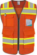 TCCFCCT Reflective Vest 5 Pockets Mesh Safety Vest with Reinforced Zipper, High Visibility Surveyor Work Vest for Men Women with Fluorescent Yellow Edge, Durable to Use, Meets ANSI/ISEA, DW-Orange, XL