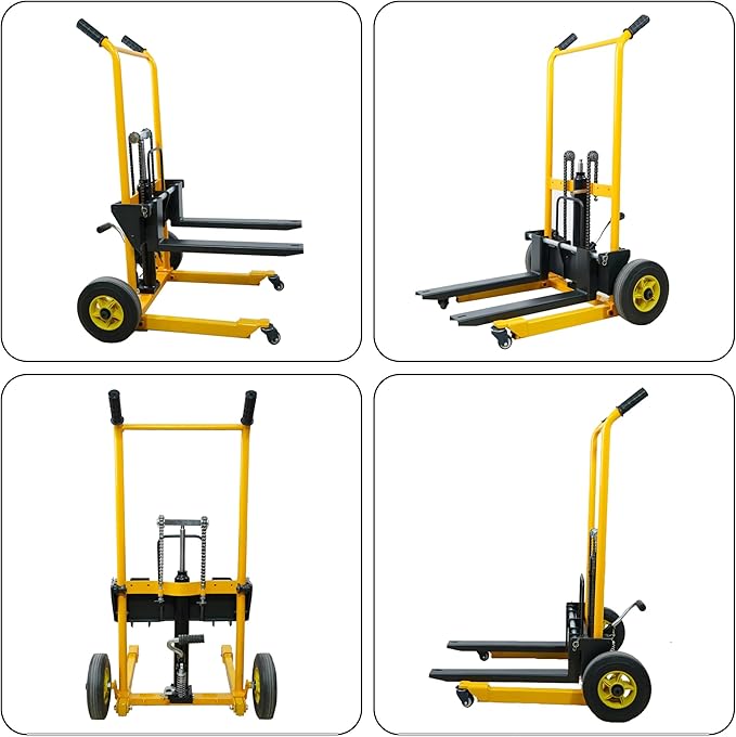 Foldable Material Lift Winch Stacker, 450LBS 36" Pallet Stacker, 2-in-1 Hand Truck Fork Lift Table Cart, Removable Platform, Adjustable Forks, Foot Pump, for Warehouse Garage Workshop