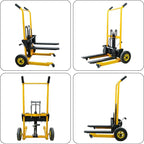 Foldable Material Lift Winch Stacker, 450LBS 36" Pallet Stacker, 2-in-1 Hand Truck Fork Lift Table Cart, Removable Platform, Adjustable Forks, Foot Pump, for Warehouse Garage Workshop