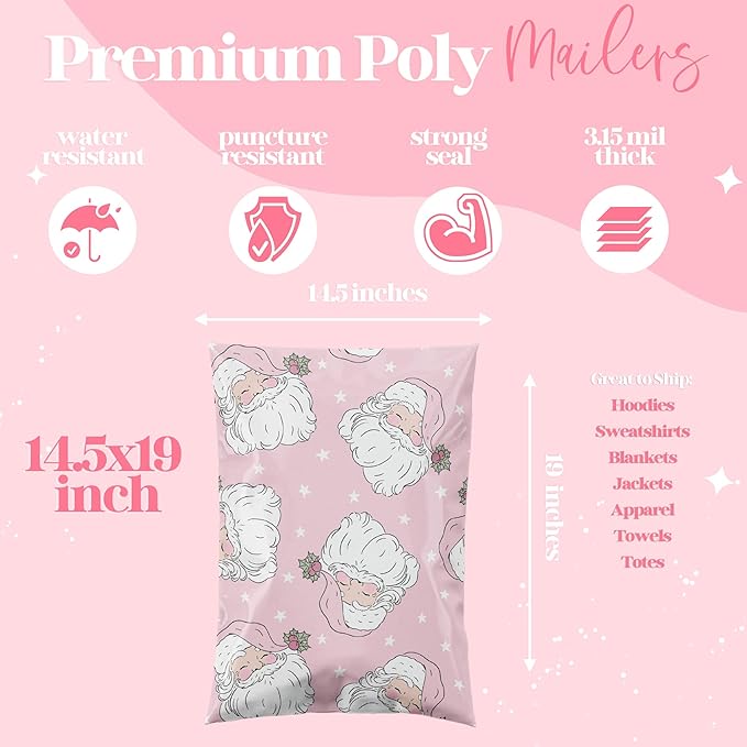 6x9 Designer Christmas Holiday Poly Mailers 100 Pack Heavy Duty Waterproof Self Seal Shipping Bags Large Mailing Envelopes Bulk Tear Resistant Cute Packaging Pink Santa
