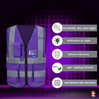 A-SAFETY Hi Reflective Safety Vest, Hi Vis Bright Neon Colors Safety Vest with 4 Reflective Strips 7 Pockets (4-5XL Purple)