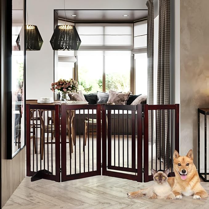 Wooden Freestanding Pet Gate, Pet Gate for Dogs, 29.5inch 4-Panel Wooden Dog Fence with 2 Support, Feet Folding Dog Gate for Indoor, Doorway, Stairs, Kitchen, 81.5“L×30”H (Brown)