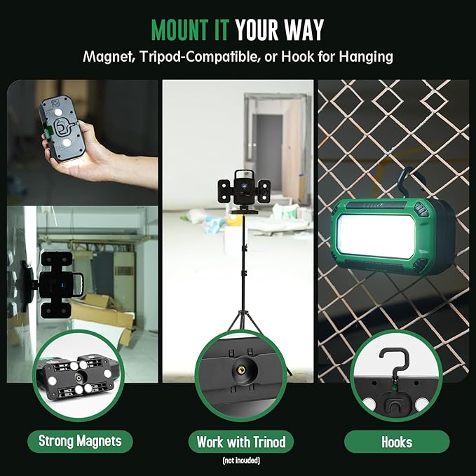 50W 5000LM Rechargeable Work Light, 3-in-1 Magnetic Work Light with Detachable 2 Floodlights, 9 Modes, Foldable&360° Rotatable IP65 Portable LED Worklight with Hooks for Jobsite Garage Car Repairing