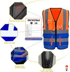 A-SAFETY Reflective Safety Vest, Hi Vis 9 Pockets High Visibility Zipper Front Safety Vest, Orange&Blue Color Mixed, L