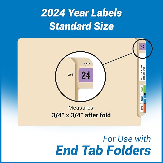 2024 Year Labels, Doctor Stuff 2024 Chart Stickers, Fluorescent Violet Color Coded, USA Made Year Stickers for End Tab File Folders, 500 Labels per Roll, 1 Roll, 3/4" x 1-1/2"