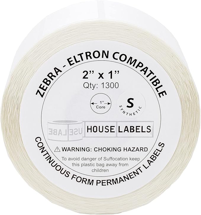 HOUSELABELS 2" x 1" Barcode Labels in Polypropylene Compatible with Zebra and Rollo Printers, 16 Rolls / 1,300 Labels per Roll