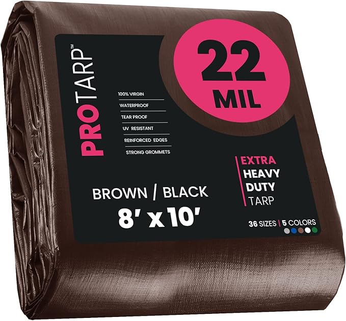 PROTARP Extreme Heavy Duty 22 Mil Tarp Cover, Waterproof, UV Resistant, Rip and Tear Proof, Poly Tarpaulin with Reinforced Edges for Roof, Camping, Patio, Pool, Boat. (Brown/Black 8′ X 10′)