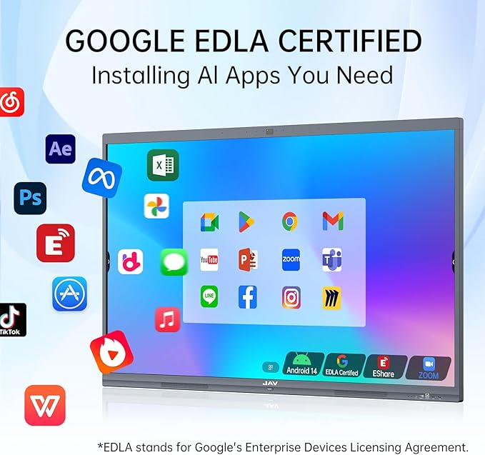 JAV Smart Board Interactive Whiteboard for Classroom Office Home, 4K UHD 8+128GB Touchscreen Smartboard with Built-in EDLA Licensed Android OS & Open App Ecosystem, Wi-Fi & Bluetooth