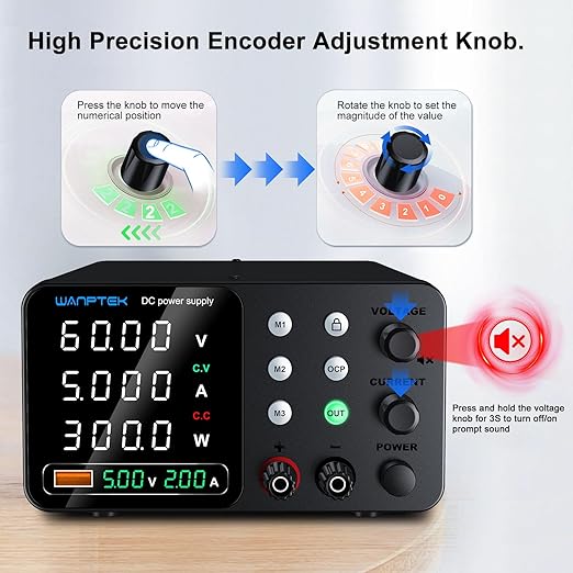 DC Power Supply Variable, 60V 5A Adjustable Switching Regulated Bench Power Supplies with Memory Preset/Locking Key/OCP Protection/Output/USB Fast Charging /4-Digit LED Display