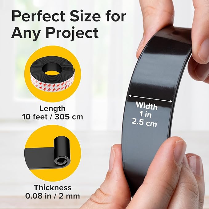 Flexible Magnetic Tape (10 feet x 1 inch) - Magnetic Strip with Strong Self Adhesive - Ideal Magnetic Roll for Craft and DIY Projects - Sticky Magnets for Fridge and Dry Erase Board