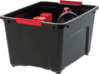 IRIS USA 32 Qt Stackable Plastic Storage Bins with Lids, 6 Pack - BPA-Free, Made in USA - Garage Organizing Solution, Latches, Durable Nestable Containers, Secure Pull Handle - Black