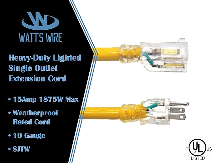 50 ft 10 Gauge Extension Cord - Outdoor Extension Cord Waterproof - Heavy Duty Outdoor Extension Cords 50 ft - Watts Wire - 50' Grounded - extensiones electricas