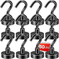 DIYMAG Black Magnetic Hooks, 50 LB Heavy Duty Strong Magnets with Hook, Rare Earth Neodymium Magnet for Cruise Cabins Ship Essentials 12 Packs
