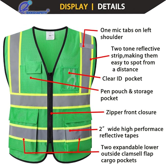 Reflective Mesh Safety Vest for Men Women with 5 Pockets and Zipper Front High Visibility Mesh Vest Hi Vis Construction Work Vest,Meets ANSI/ISEA Standards(EK175-Green-M)