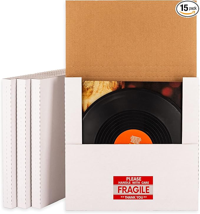 12" LP Mailers 12.8"L x 12.8"W x 1"H Vinyl Record Shipping Boxes, White Corrugated Cardboard Album Mailing Box with Fragile Stickers, 15 Pack
