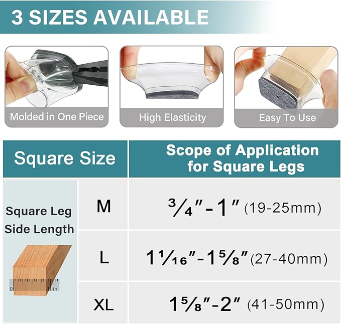Ansible 24 Pcs Chair Leg Floor Protectors Square, Silicone Felt Furniture Leg Pads Caps Covers for Hardwood Floors (Fit:3/4" to 1")