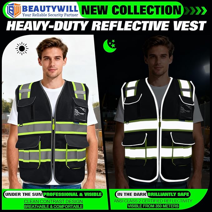 BeautyWill Custom Logo Safety Vest Class2 High Visibility Reflective Vest Breathable Construction Vest
