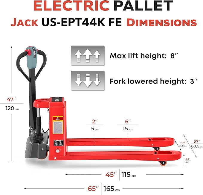 Full Electric Power Pallet Jack – Standard Duty Pallet Truck 4400 Lb Capacity, 48” L x 27” W Fork Size, Plug-in 48V/15A Lithium Battery – Max Lift Height 7.8 Inch - (US-EPT44K-FE)