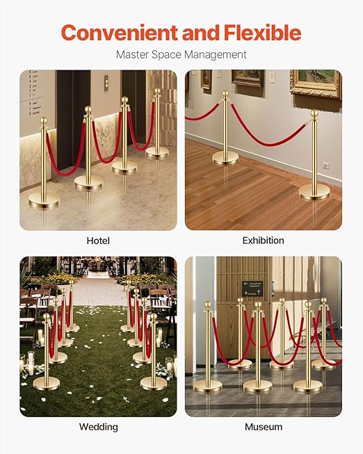 VEVOR Stanchions and Velvet Ropes 4Pcs, Hollow Base with Stainless Steel Post, 3 Red Velvet Ropes and Posts, Crowd Control Barriers Gold Stanchions, Red Carpet Runner Poles for Party Supplies