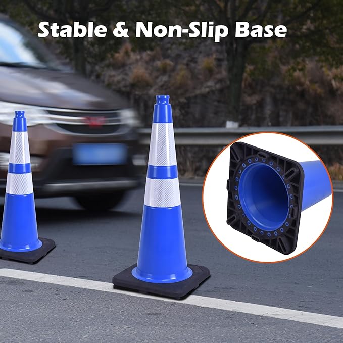 8 Pack 28 Inch Blue PVC Safety Cones Weighted Black Base, Perfect for Sports Field Dividers, Warehouse Use, Parking Management, Road Safety (8, Blue, 28 Inch)