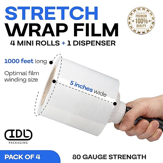 IDL Packaging 5" x 1000' Stretch Wrap Mini Roll of 80 Gauge (Pack of 4 Rolls) with Plastic Reusable Handle - Extra Sticky Clear Stretch Wrap Film - Tear-Resistant Plastic Wrap for Moving