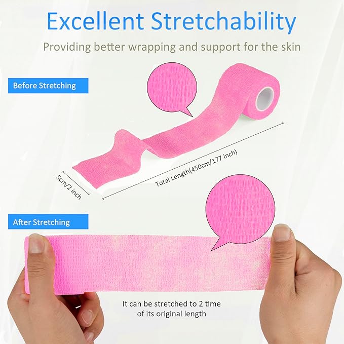 24 Pack Self Adherent Cohesive Wrap Bandages Non Woven Cohesive Bandage Elastic Self Adhesive Bandage Wrap Sports Athletic Tape First Aid Tape for Wrist Ankle Pet Vet Wrap Grip Cover 2 inch (Pink)