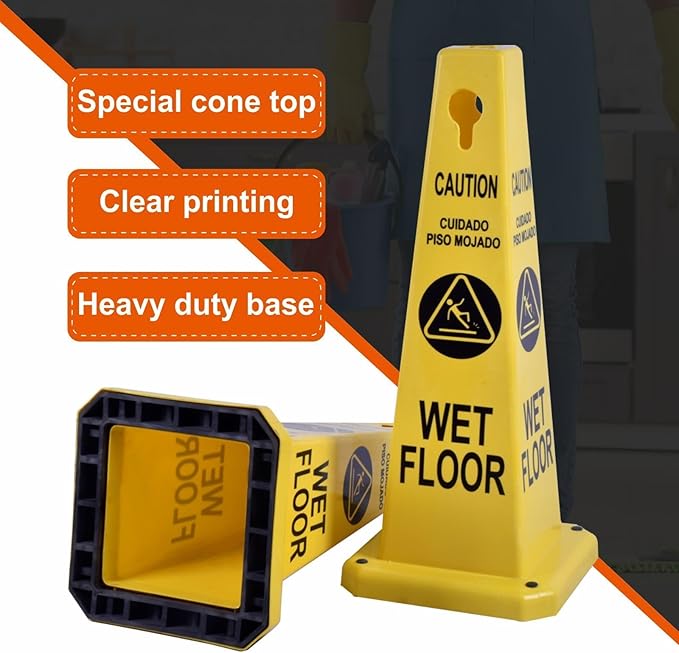26.5" Caution Cones, 4-Sided Visible Safety Signs with Heavy Rubber Base, Warning for Slip & Fall Prevention, Indoor/Outdoor Use (4, Wet Floor Caution-Yellow, 26.5 inch)