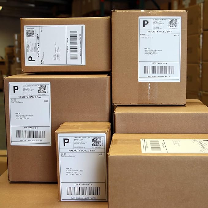 Buhbo 4" x 6" Direct Thermal Labels - Perforated BPA Free - Compatible with Zebra & Rollo Printer - Commercial Grade Shipping (4000 Fanfold Labels - 2 Stacks of 2000)