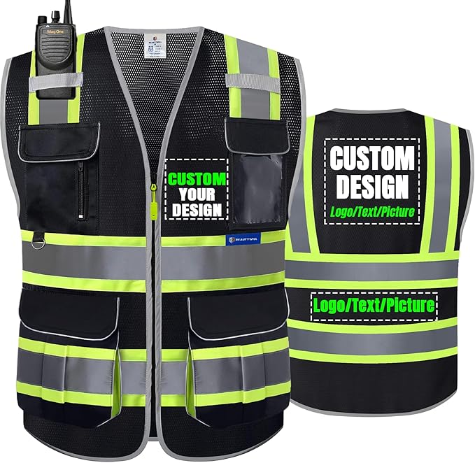 BeautyWill Custom Logo 10 Pockets Safety Vest Class2 ANSI Certified High Visibility Reflective Vest