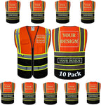 10 Pack Custom Safety Vest Customized Logo Mesh Vest Class 2 High Visibility Reflective Vest with Pockets Workwear（Orange Black，XXL ）