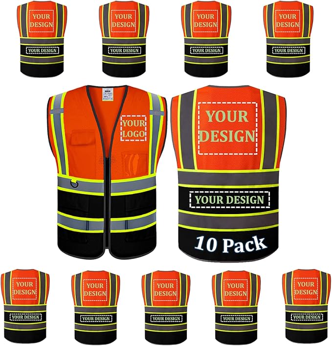 10 Pack Custom Safety Vest Customized Logo Mesh Vest Class 2 High Visibility Reflective Vest with Pockets Workwear（Orange Black，S ）