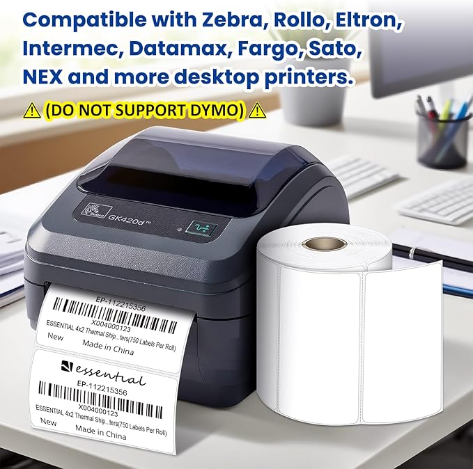 4"X2" Direct Thermal Barcode Labels, Shipping Labels, 750 Tags of Roll, Compatible with Zebra Printers (4 Roll-3000 Tags)