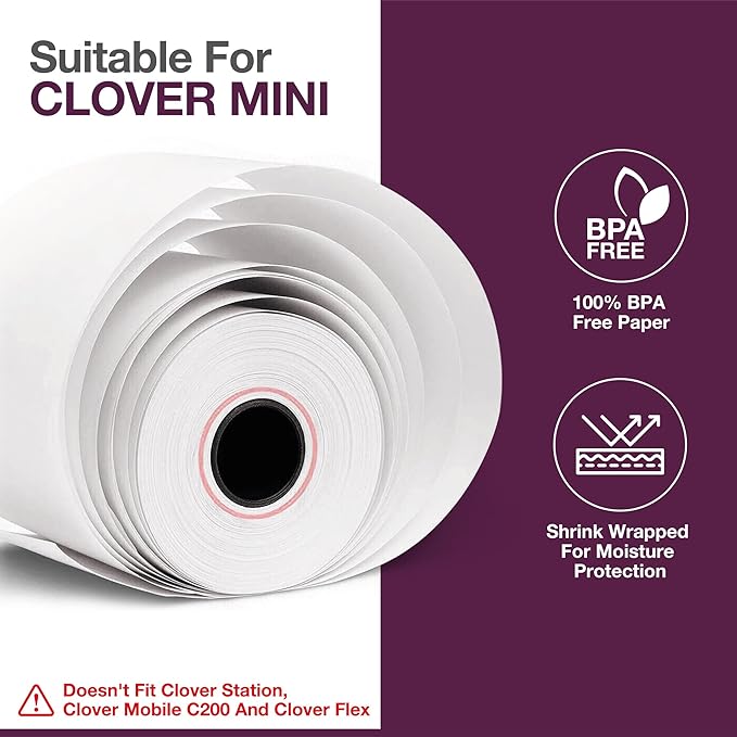 Receipt Paper for Clover Mini and Clover Mobile Thermal Printer - Receipt Paper Rolls Compatible with Clover Mini POS models C200, C300, C301, C302, C305 (10 Rolls)