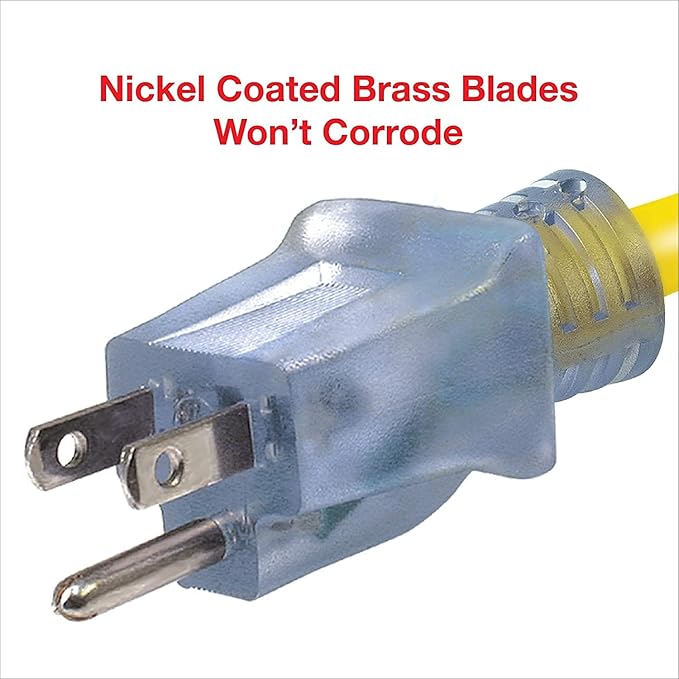 Clear Power 50ft 14/3 SJTW Yellow Outdoor Extension Cord & Heavy Duty Cord Storage Reel with Metal Stand, 3 Prong Grounded Plug, Lighted-Locking Connector, DCCO-9005-DC
