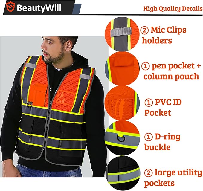 BeautyWill Custom Mesh Safety Vest Customized Logo Class2 High Visibility Reflective Vest with Pockets Construction workwear（Orange Black，3XL ）