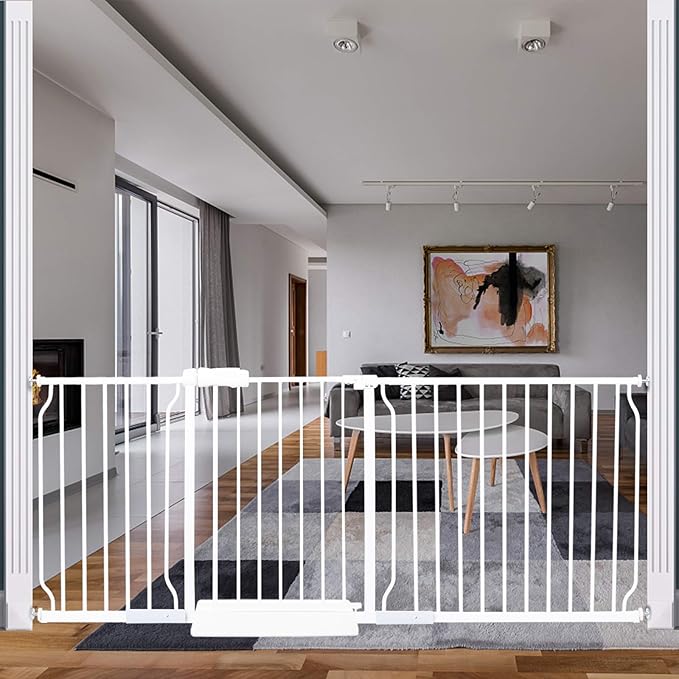 HOOEN Extra Wide Baby Gate for Doorways Stairs White Pressure Mounted Baby Gate Walk Through Child Gates for Kids or Pets Indoor Safety Gates 71.5-76.38 Inch