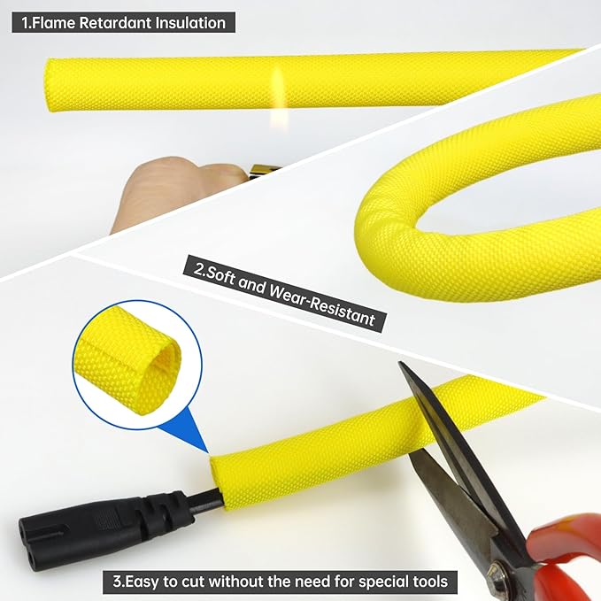 Split Braided Cable Sleeve，Flexible Wire Loom Tubing, Automotive Cord Protector Pet Proof, Cable Management for Computer TV Electric Wires Harness 16ft (Yellow, 16mm（5/8")
