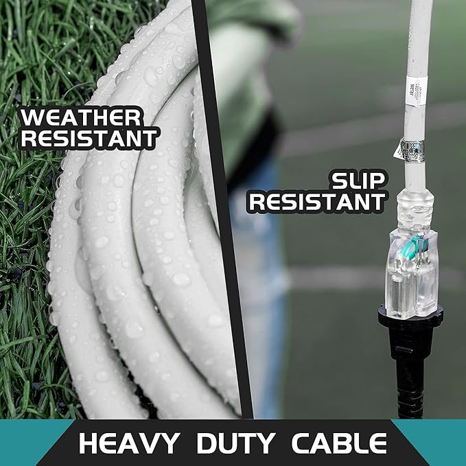 3-Outlets Indoor Outdoor Extension Cord Weatherproof with Lighted End, UL Listed, 14 Gauge 15FT White 3 Prong Heavy Duty, 14/3 SJTW 15A Power Cord