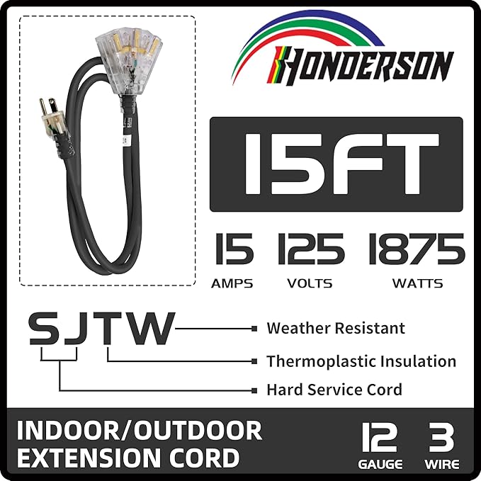 3-Outlets Indoor Outdoor Extension Cord Weatherproof with Lighted End, UL Listed, 12 Gauge 15FT Black 3 Prong Heavy Duty, 12/3 SJTW 15A Power Cord