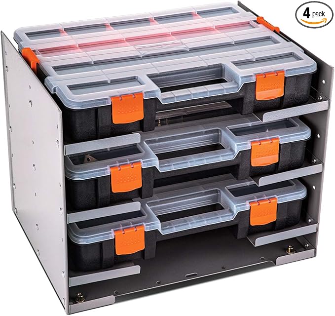 P-SH-Tote Shelf Kit for Van Shelving Storage, 3 Plastic Storage Box w/ 1 set Organizer Holder for Small Parts, Screws and Hardwares