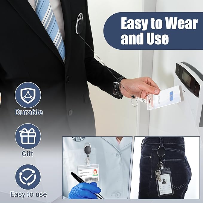 Laumoi 200 Retractable ID Badge Holder Badge Reel with Belt Clip and Key Ring, Name ID Badge Clips Keychain for Office Worker Doctor Nurse Employee (Black)