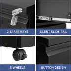 Mobile File Cabinet with Lock - 2 Drawer, Small Rolling Cabinet for Home Office, Legal/Letter/A4 (Black)