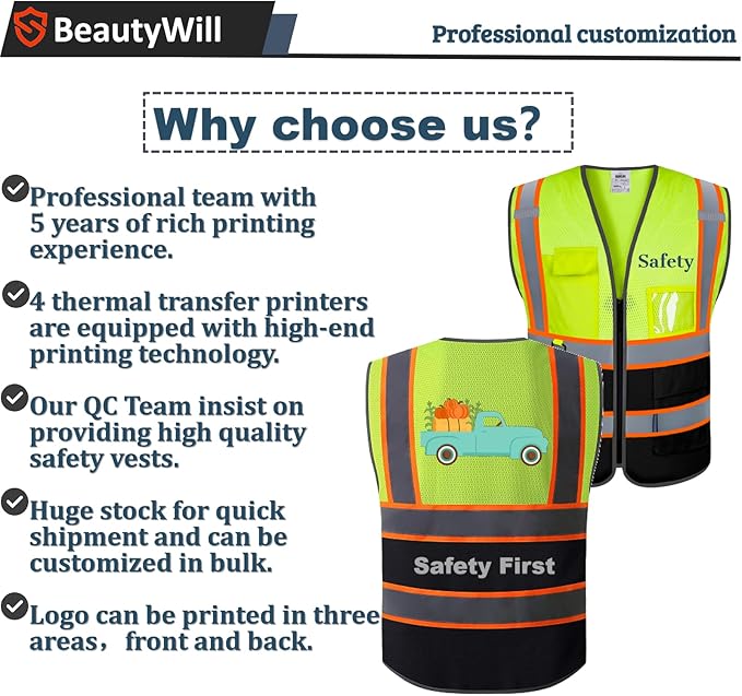 Custom Mesh Safety Vest 5 Pack Customized Logo Class 2 High Visibility Reflective Vest with Pockets Construction workwear （Yellow Black，XXL ）