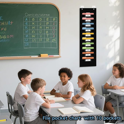 10 Pocket Hanging Wall File Organizer with 10 Nametag Pockets, File Pocket Chart for Classroom and Office. Perfectly Stores Assignments, Files, Scrapbooks, and Documents.
