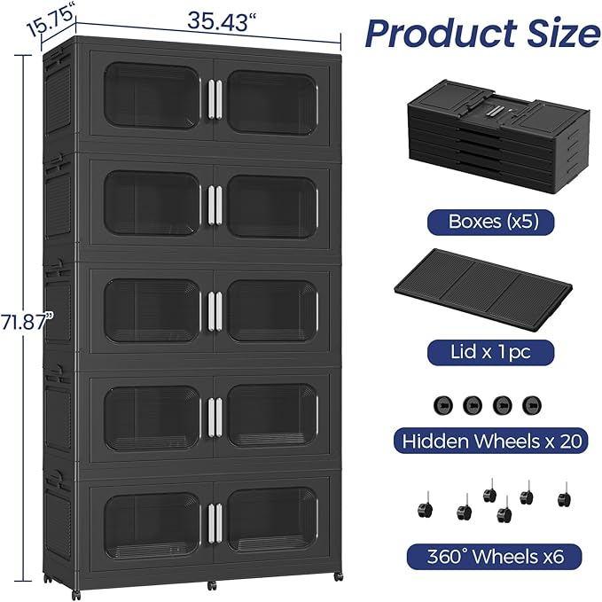 1000QT Large Stackable Storage Bins with Lid, 250Gal Plastic Collapsible Closet Organizers Drawers Box with Wheels, Folding Cabinet Containers with Doors for Home Kitchen Office, 5Pack Black